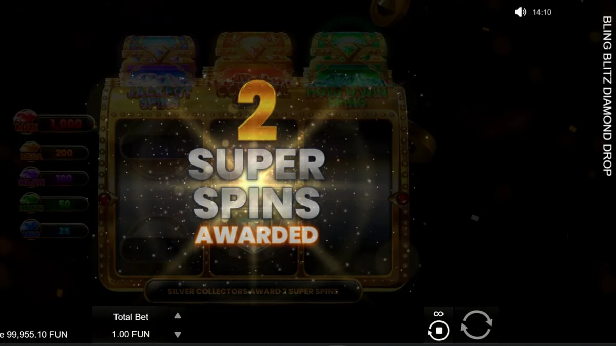 Interface luxuosa do slot Bling Blitz Diamond Drop com diamantes e moedas brilhantes