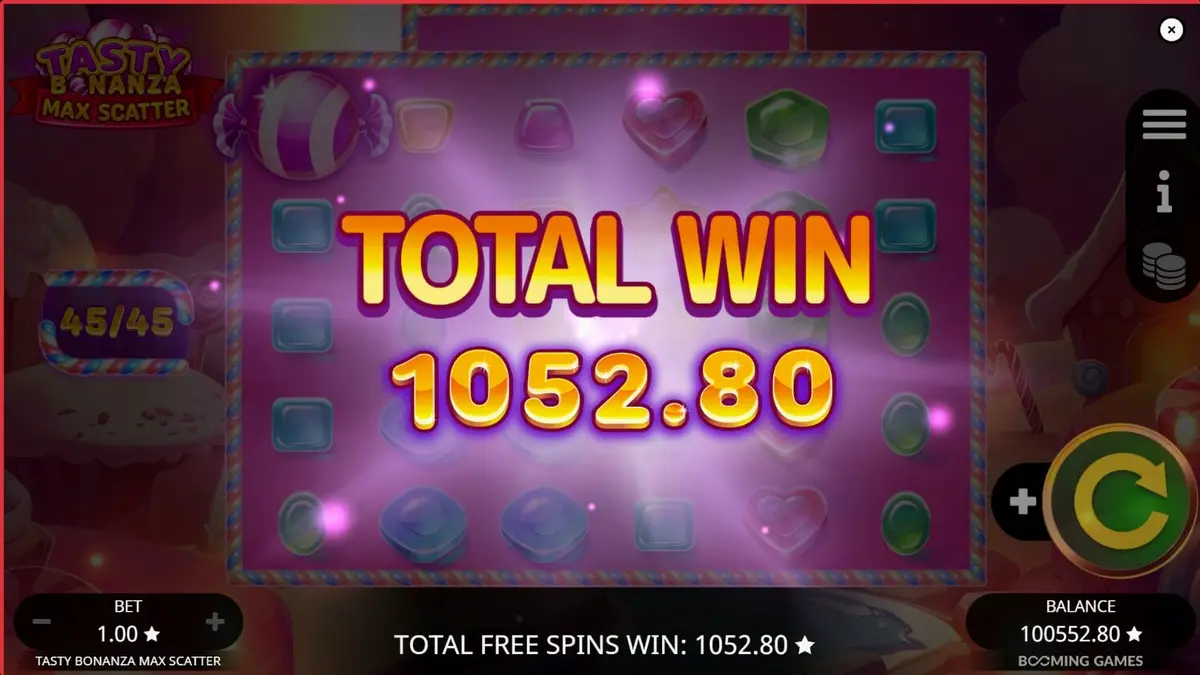 Interface colorida e vibrante do slot Tasty Bonanza Max Scatter com doces e guloseimas