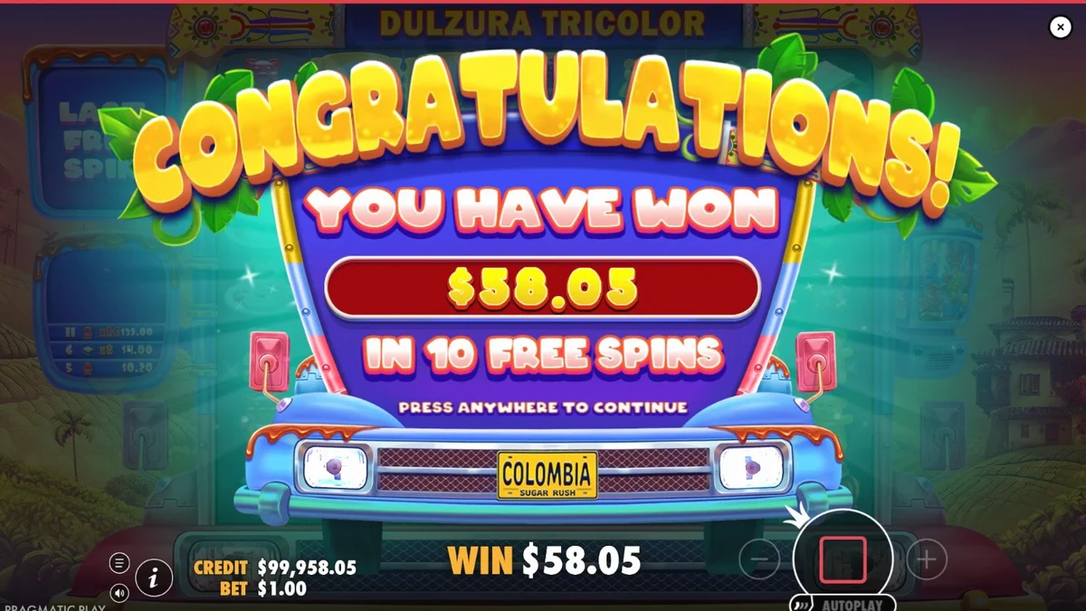 Dulzura Tricolor slot machine interface com doces coloridos e cenário tropical